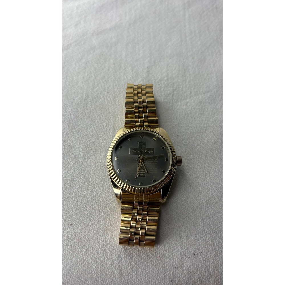 Gold Tone The Lords Prayer Religious Watch with Cross Black Dial Jubilee Band